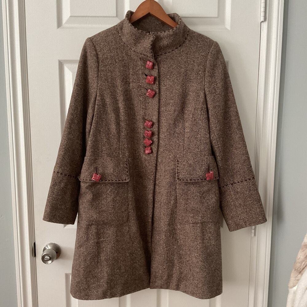 Soft Surroundings Wool Blend Pea Coat Brown Tweed Winter Outerwear Size L